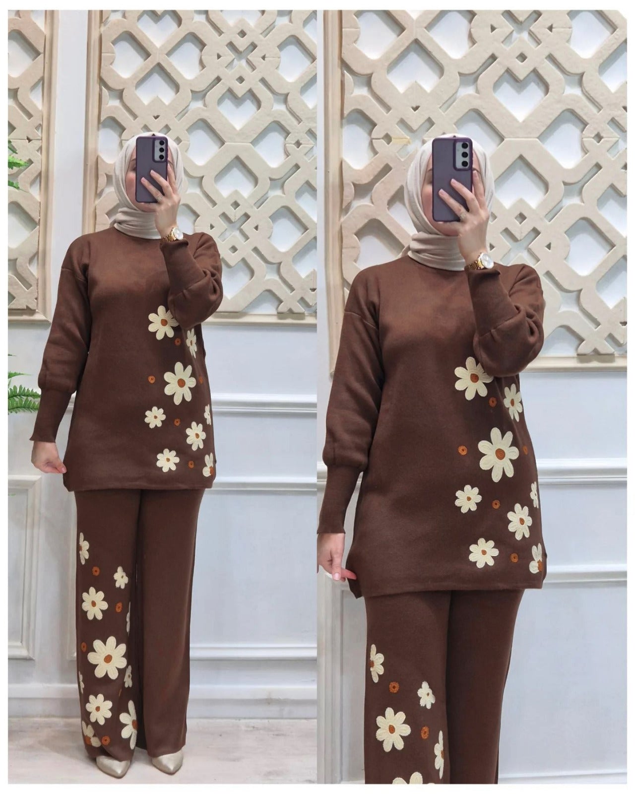 Drop Shoulder Side Printed Fleece Top With Printed Fleece Trouser 2Pcs