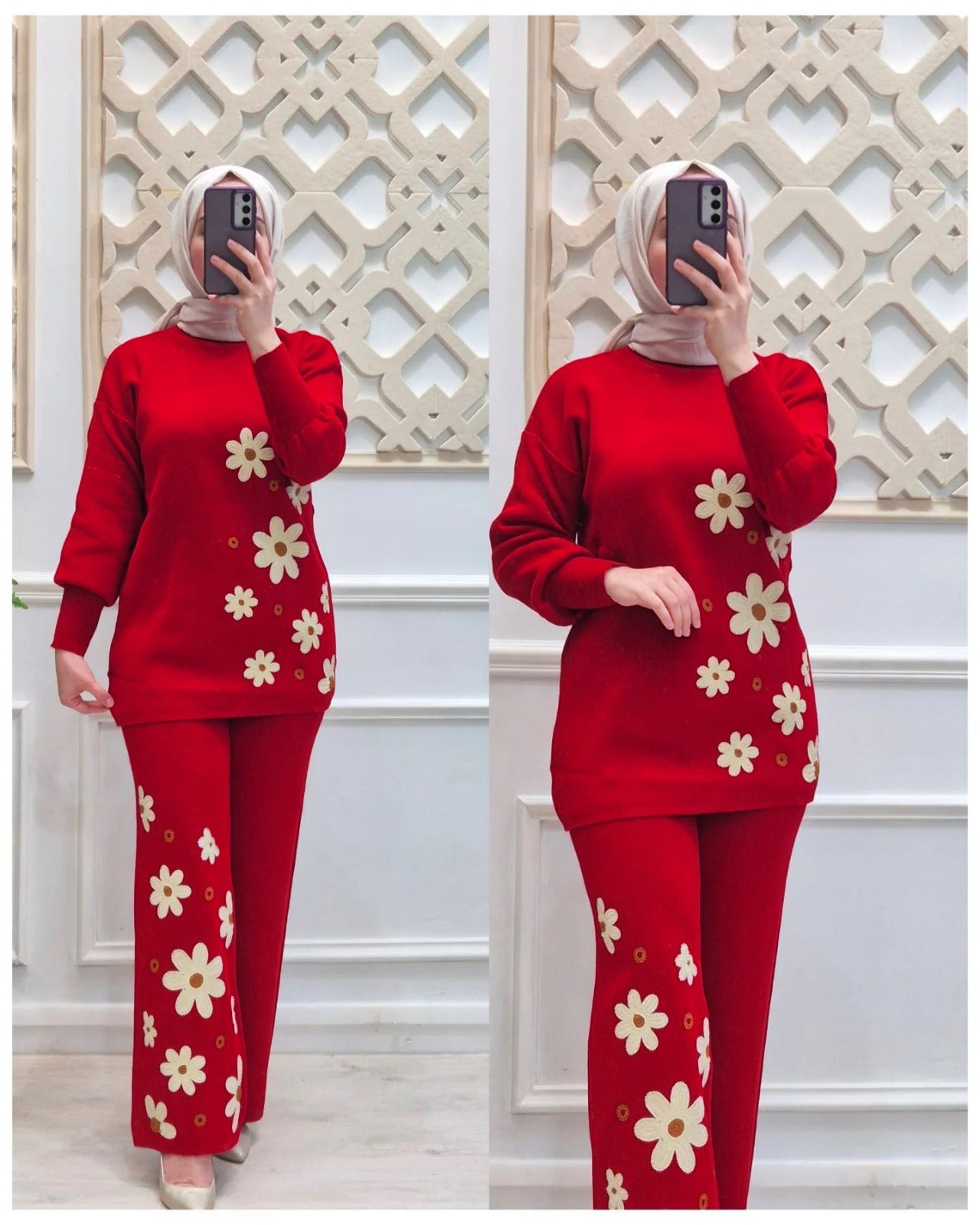 Drop Shoulder Side Printed Fleece Top With Printed Fleece Trouser 2Pcs