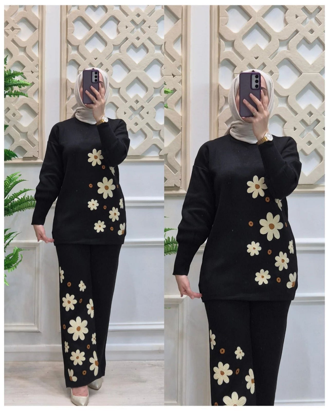 Drop Shoulder Side Printed Fleece Top With Printed Fleece Trouser 2Pcs