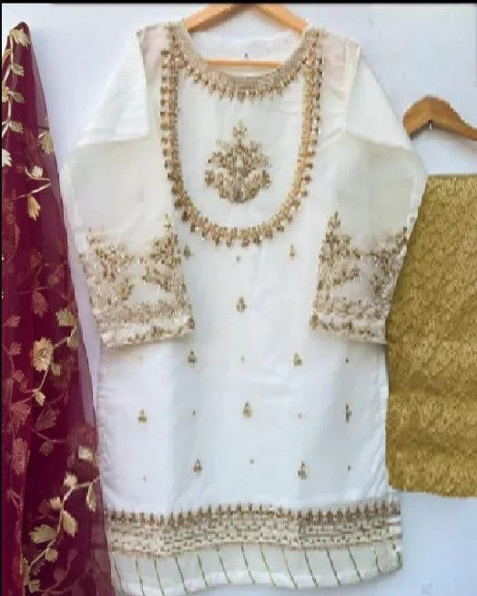 Meena 3Pecs Neck Sleeves & Daman Embroidered & Handwork with Embroidered Dupatta