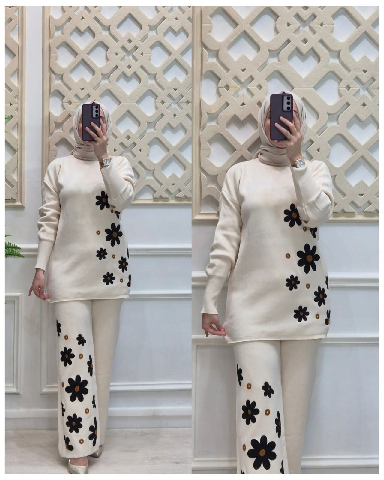 Drop Shoulder Side Printed Fleece Top With Printed Fleece Trouser 2Pcs