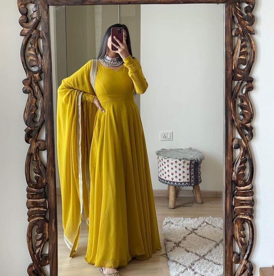 GOLDEN MAYURI STITCHED SUIT MAXI AND DUPATTA