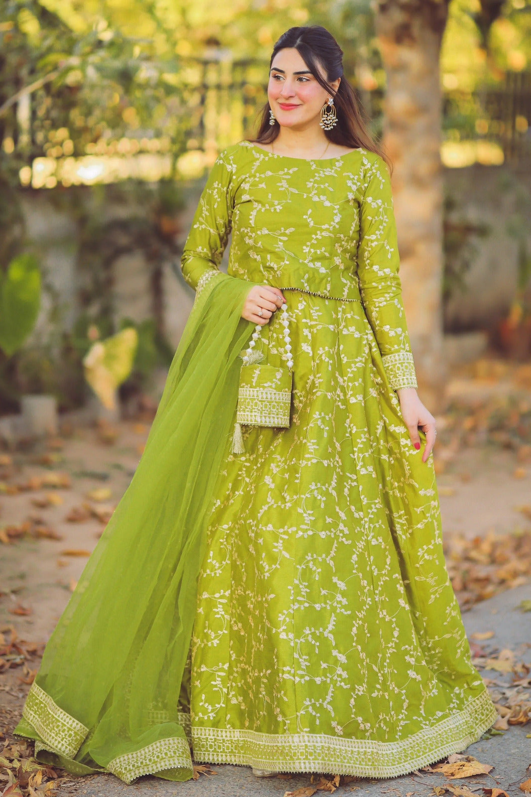 4 Piece Embroidered Top With Long Embroidery Skirt And Four Side Border Embroidered Dupatta With Handmade Potli*