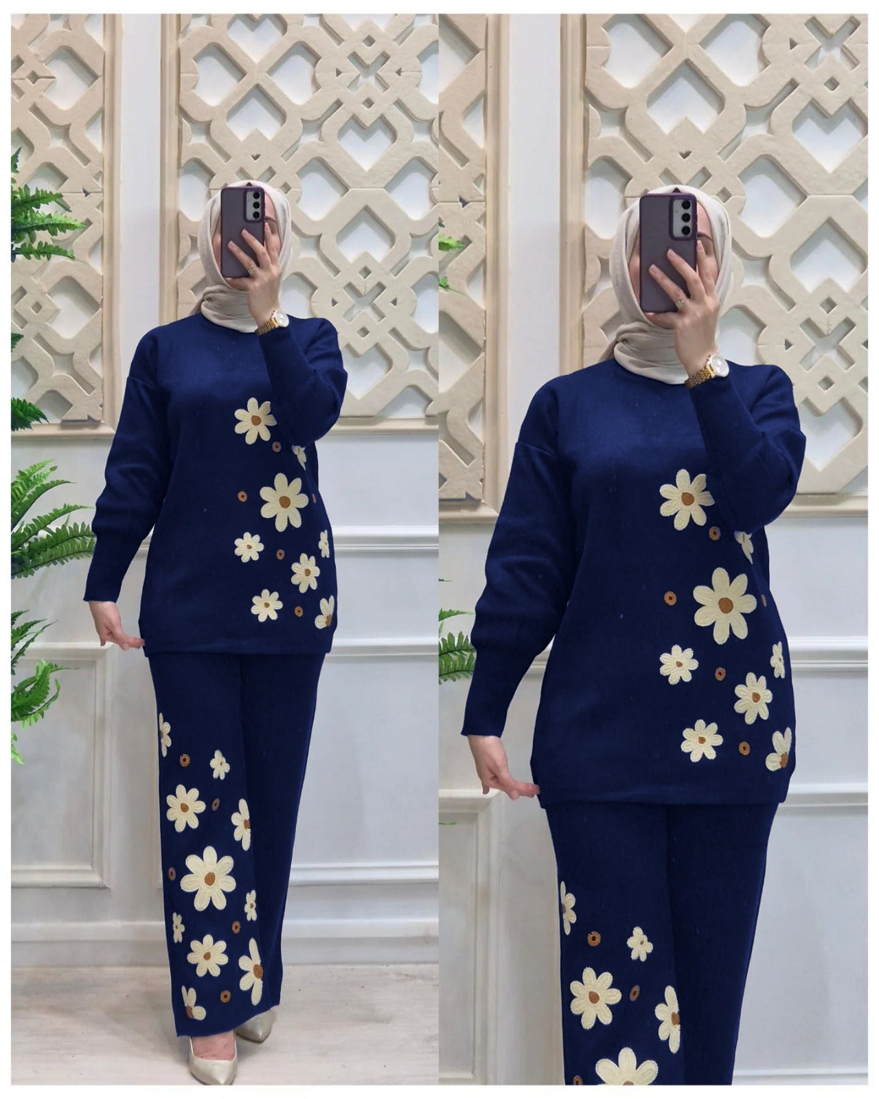 Drop Shoulder Side Printed Fleece Top With Printed Fleece Trouser 2Pcs